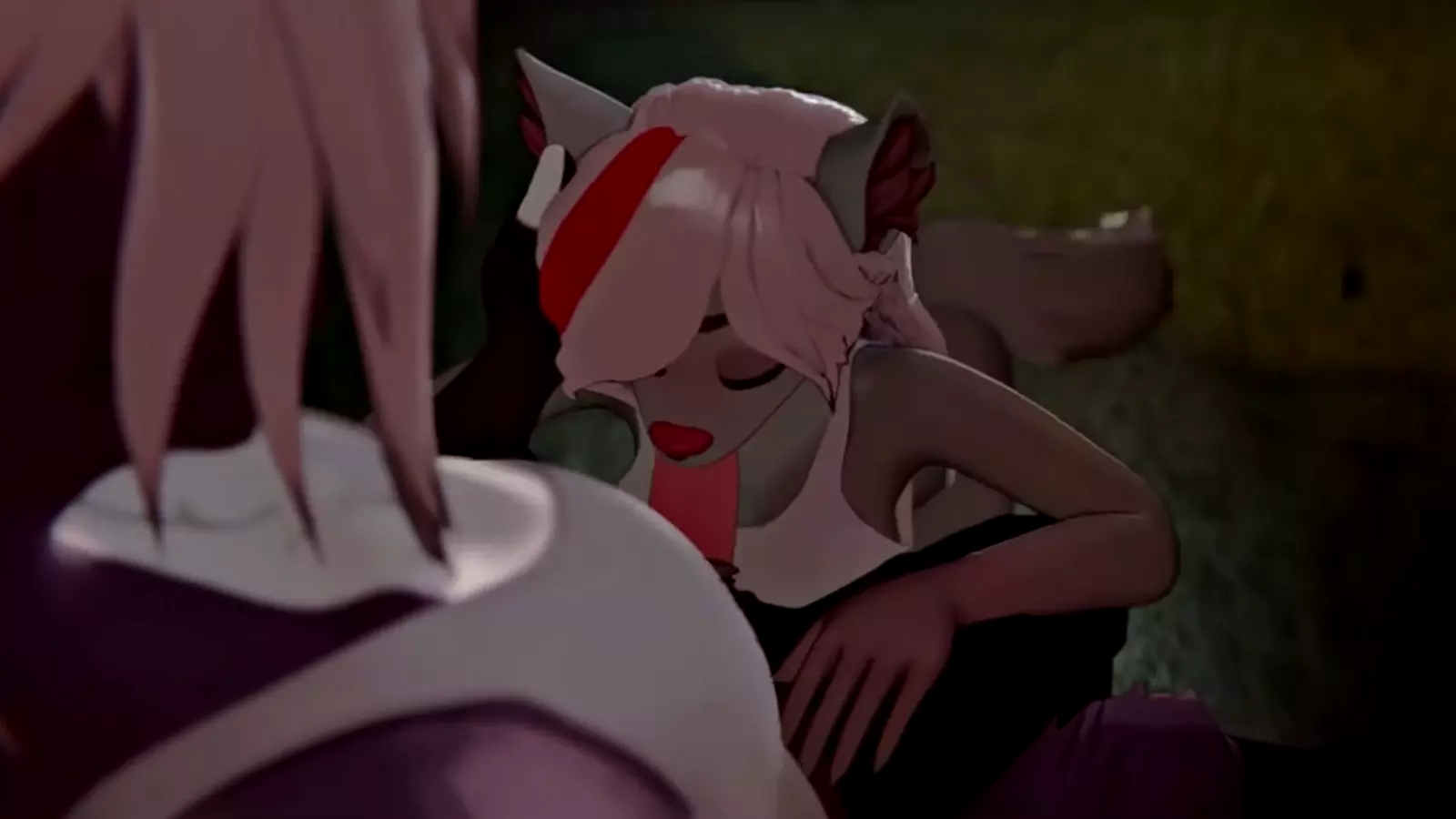 Two pink skinned furries with buck or doeb ears in a passionate embrace all